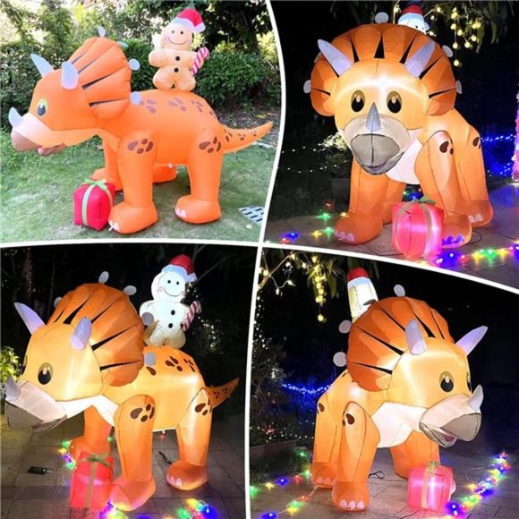 Dinosaur Christmas Inflatable, 8 Ft Blow up Triceratops with 6 Built-in LED - Picture 4 of 6